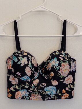 Kenneth Cole Reaction Floral Bustier Crop Top Black Corset Bralette Size S
